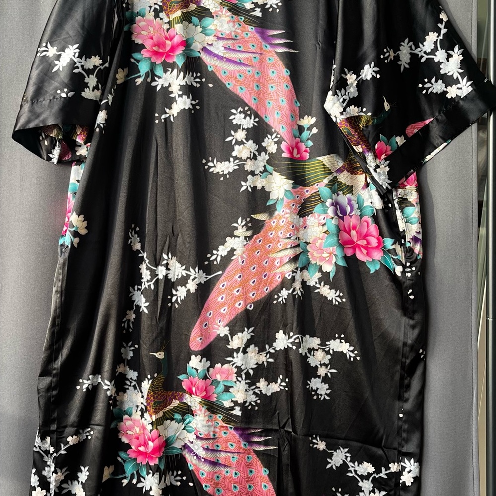 Babeyond Black Satin Kimono Robe Peacock Floral Design. 54” long - Picture 4 of 10